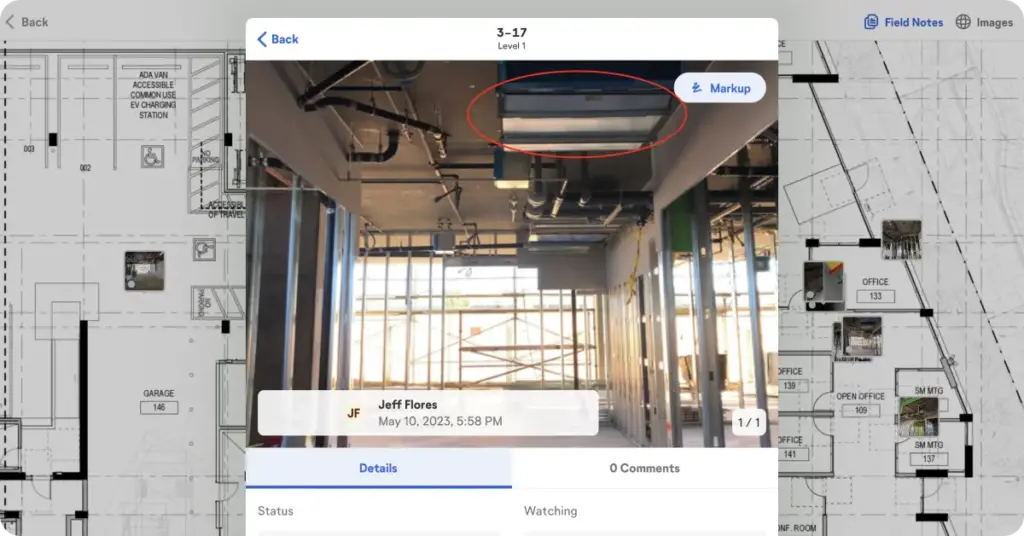 Example of creating an on-site note in OpenSpace