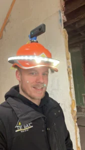 Olivier Vanlandeghem wearing hard hat with 360 camera